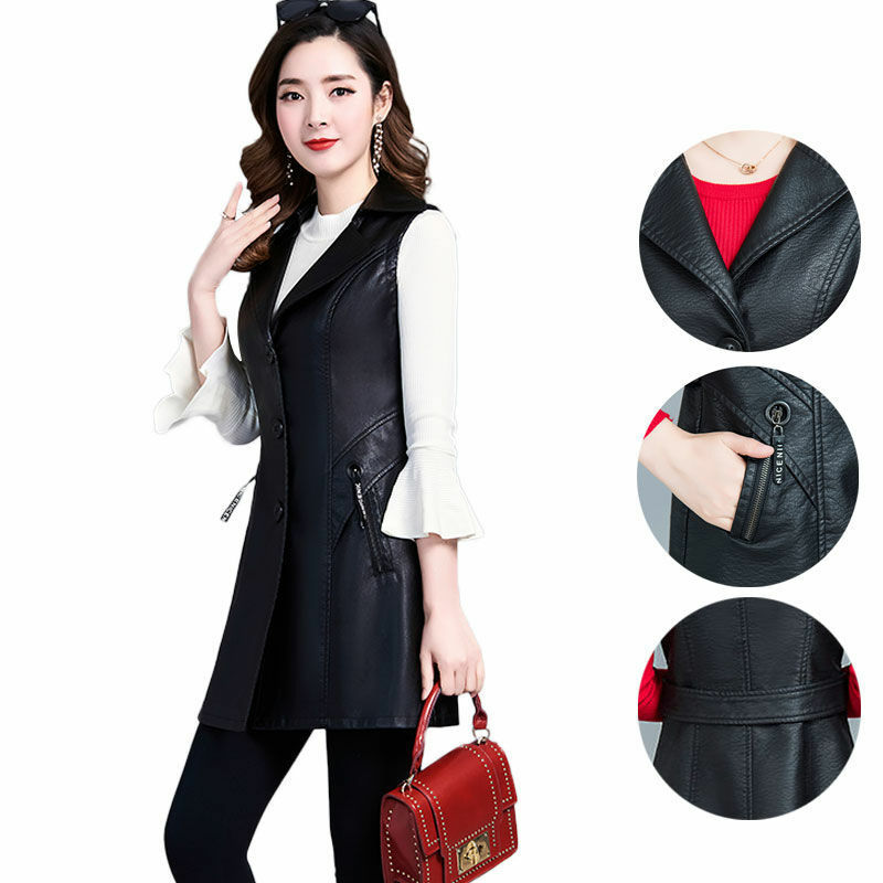 Black PU Leather Vest Jacket Women's Waistcoat Long 2021 Suit Vest Sleeveless Women Cardigan Suit Vest Outcoat Black Outwea