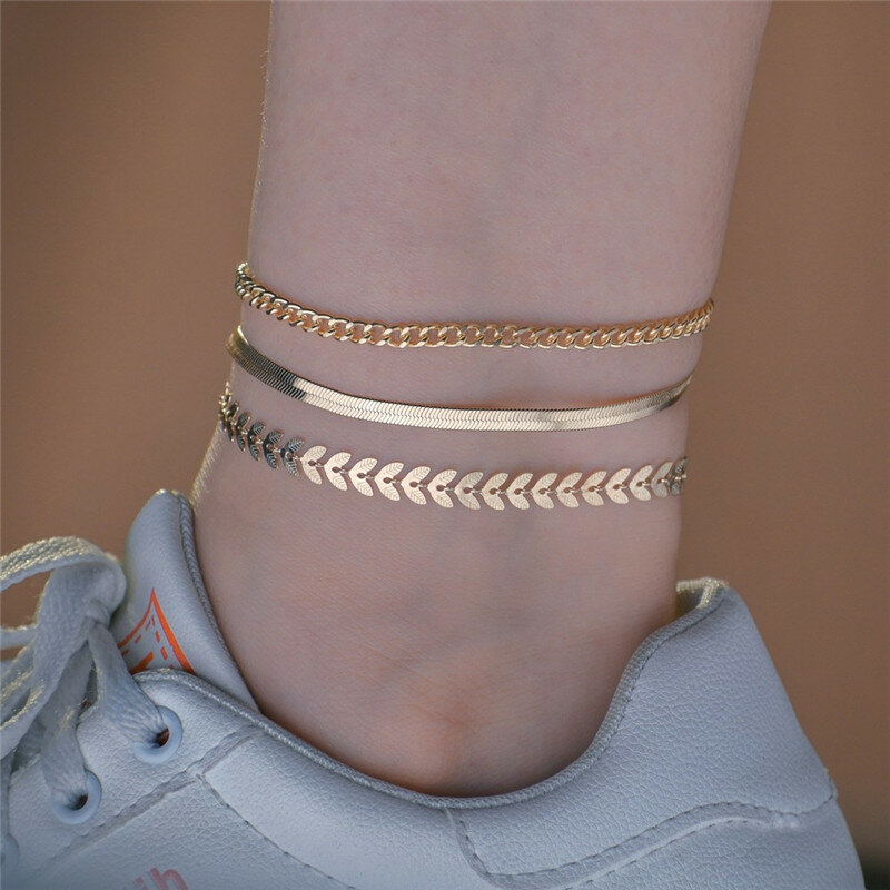 LETAPI-Tobillera de oro para mujer, pulsera de pie sencilla, brazalete de cadena para playa, accesorios femenino, 3 unidades/paquete