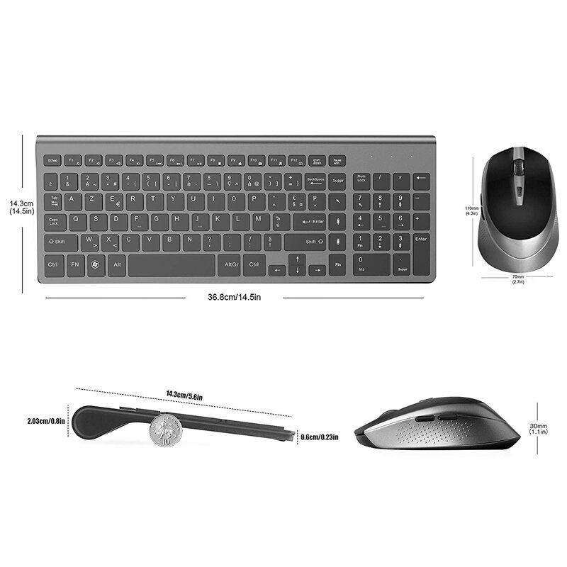 Bezprzewodowa mysz z klawiaturą, francuski układ, ergonomiczny, cichy przenośny, stabilne połączenie 2.4 gigahertz, biuro, dom, francja czarny