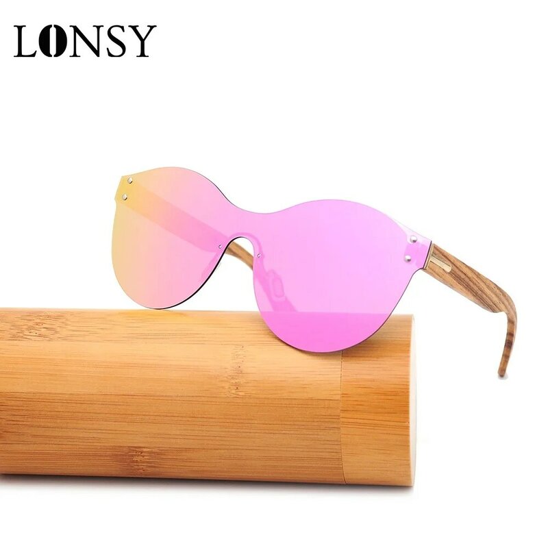 LONSY Vintage okulary przeciwsłoneczne z drewna bambusowego damskie okulary przeciwsłoneczne cat eye spolaryzowane Vintage różowe okulary przeciwsłoneczne damskie damskie okulary Cateyes