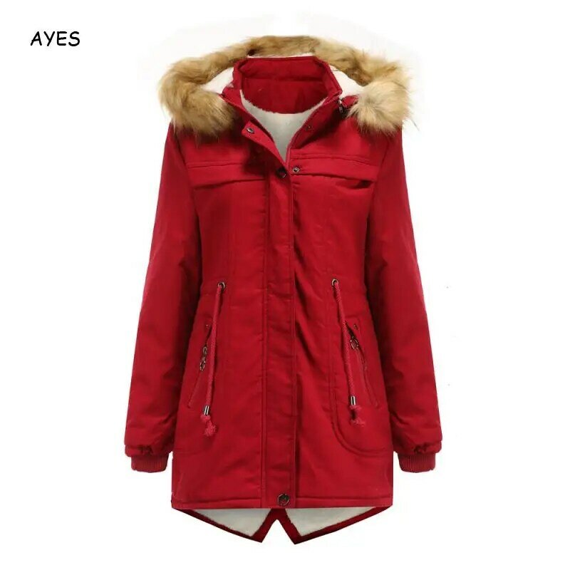 Women High Quality Keep Warm Overcoat Fur Hap Zipper Pockets Outers Autumn Winter Cotton Women Parkas Red Female Plus Size 3xl