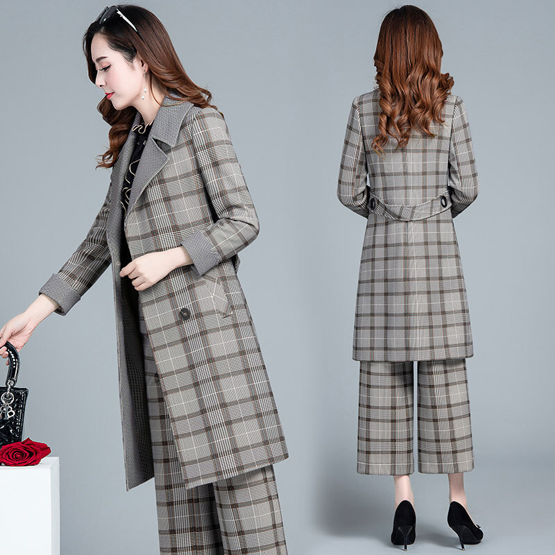 Conjunto de roupas femininas de duas peças, blazer formal para escritório com manga longa, cinza, elegante, 2020