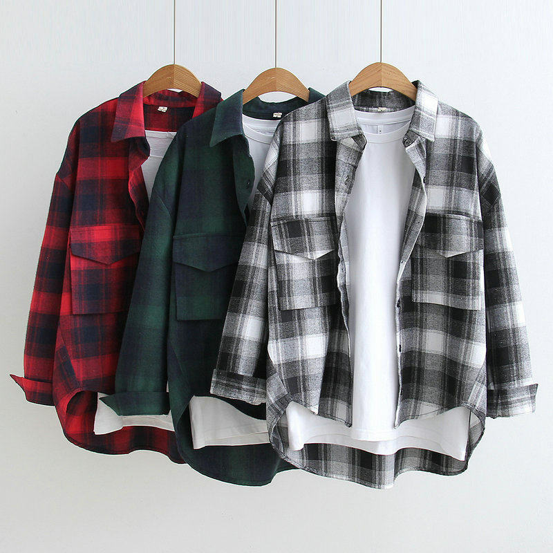Spring and Autumn Women Long-sleeved Shirts Plaid Women's BF Wind Casual Blouse Loose High Quality Ladies Plaid Shirts