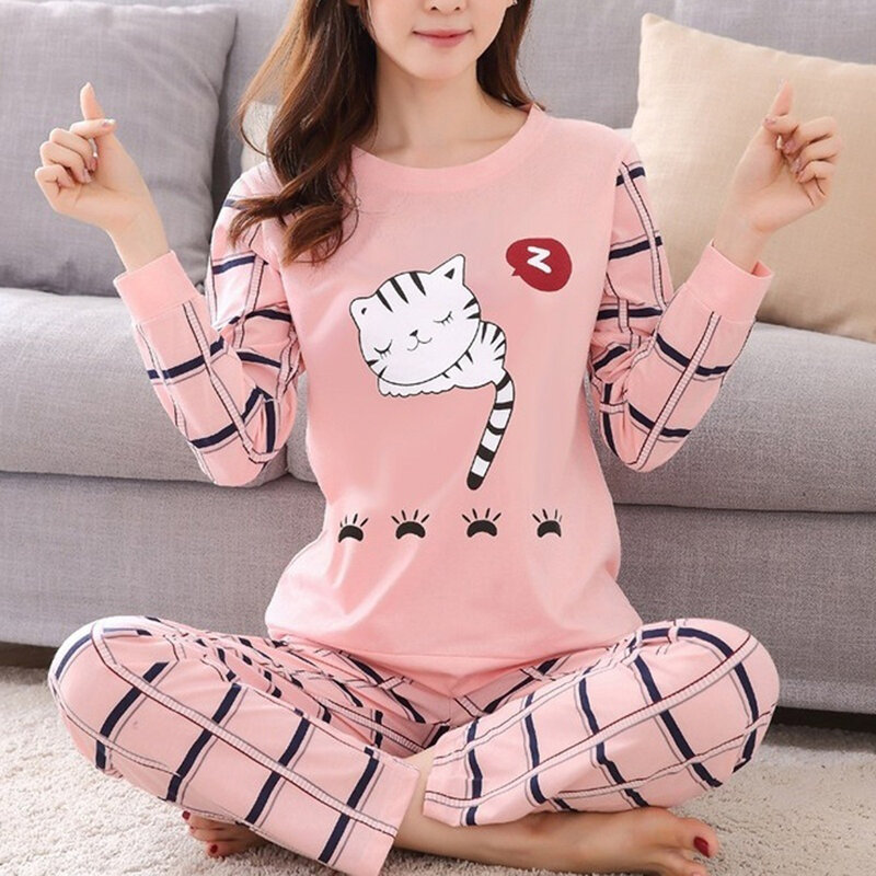 Conjunto de pijama estampado de gato de desenho animado de duas peças para mulheres, pijamas de manga longa, roupas íntimas fofas para meninas, inverno