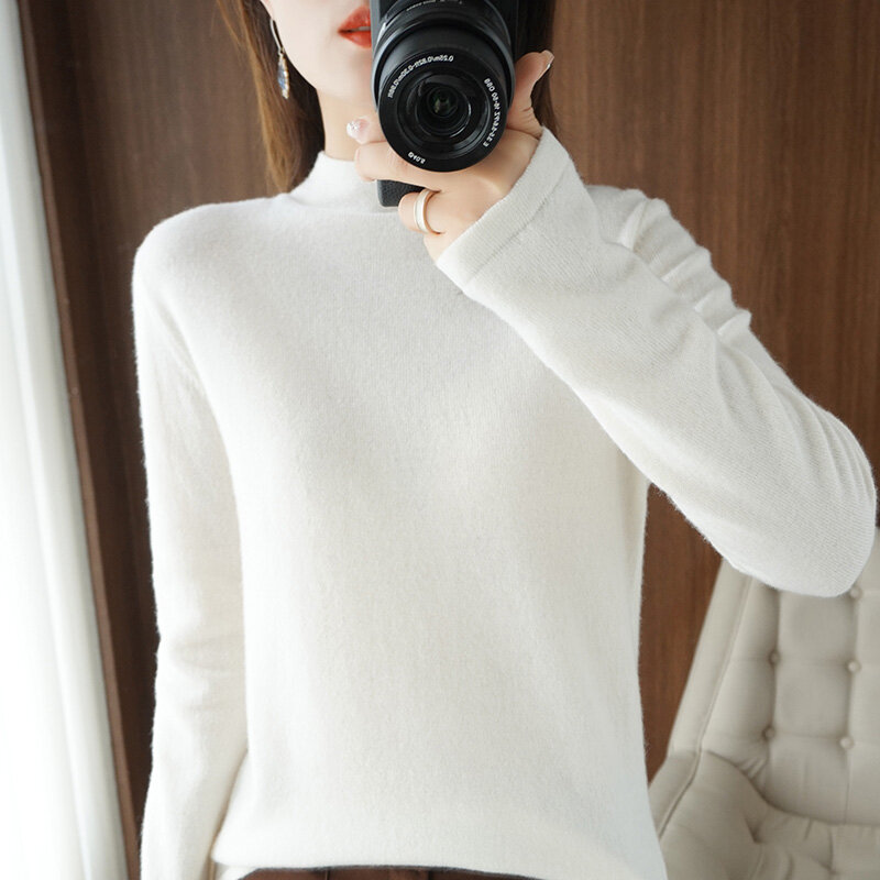 Sweter Semi Turtleneck Wanita Musim Gugur/Dingin 21 Sweter Pullover Baru Longgar Ukuran Besar Lengan Panjang Tren Fashion Korea Multiwarna