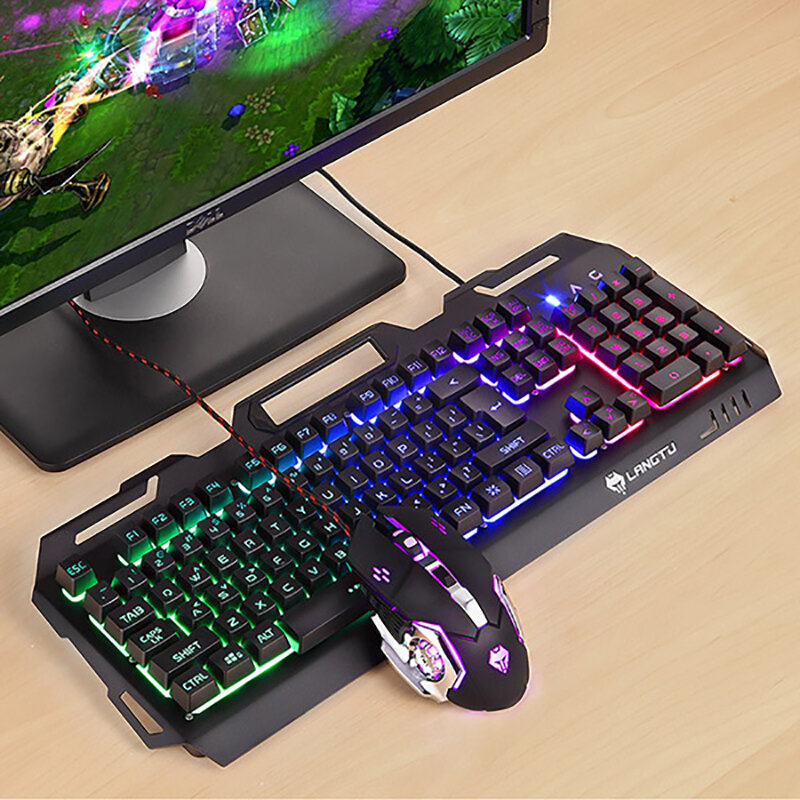 Игровая клавиатура с 104 клавишами подсветки, проводная USB-клавиатура RGB для планшетов, настольных ПК, механическая сенсорная игровая мышь, Пр...