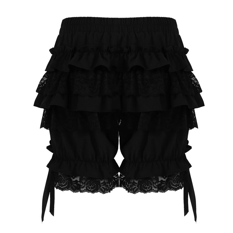 Womens Gelaagde Roes Kant Trim Losse Pompoen Shorts Vintage Victoriaanse Gothic Pantaloons Kostuum Elastische Taille Bloeiers Shorts