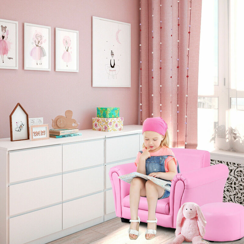 ピンク子供ソファアームレスト椅子ソファー子供幼児誕生日ギフトw/オットマン