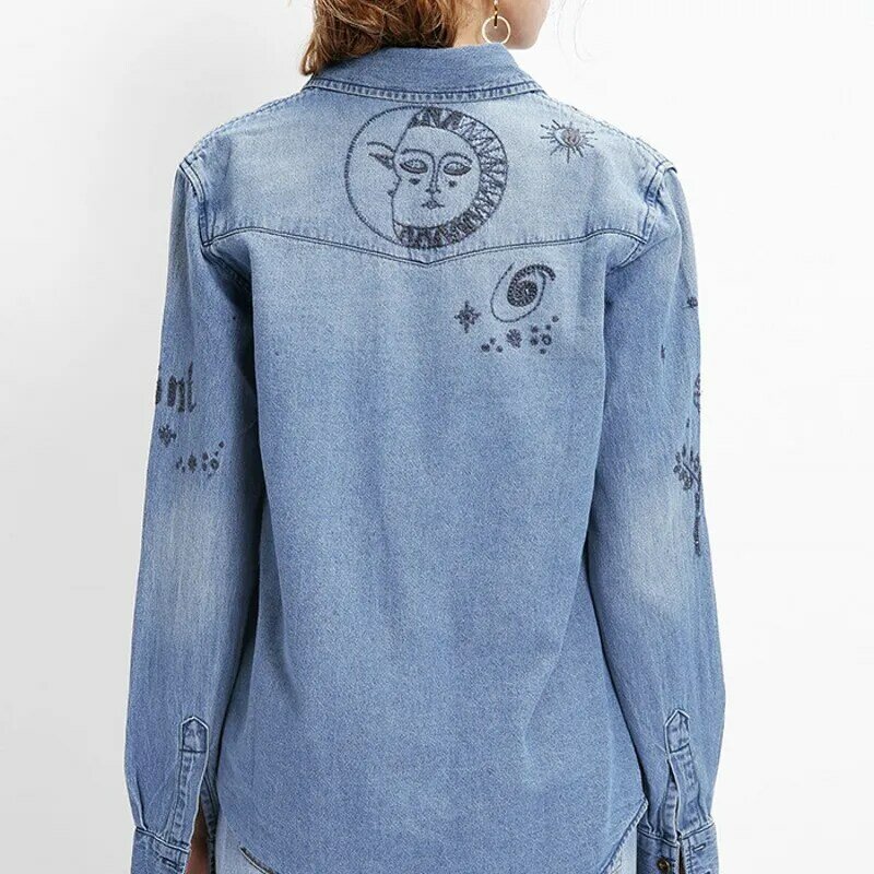 Frühling Neue Stickerei Langarm Denim Frauen Mode Gewaschen Baumwolle Jean Shirts Einreiher Bluse Weibliche Tops