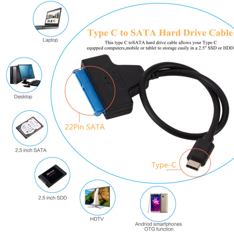 LccKaa Sata 3 إلى Type-C كابل يو إس بي 3.1 USB C إلى محول SATA حتى 6 Gbps دعم 2.5 بوصة SSD HDD القرص الصلب 22 دبوس SATA كابل