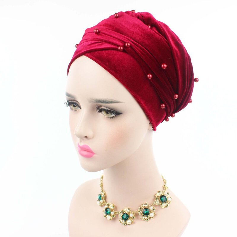Perłowe koraliki chustka na głowę dla kobiet z miękkiego aksamitu czapka Turban gotowy do noszenia hidżab szalik Mulim głowa okłady afrykański kapelusz