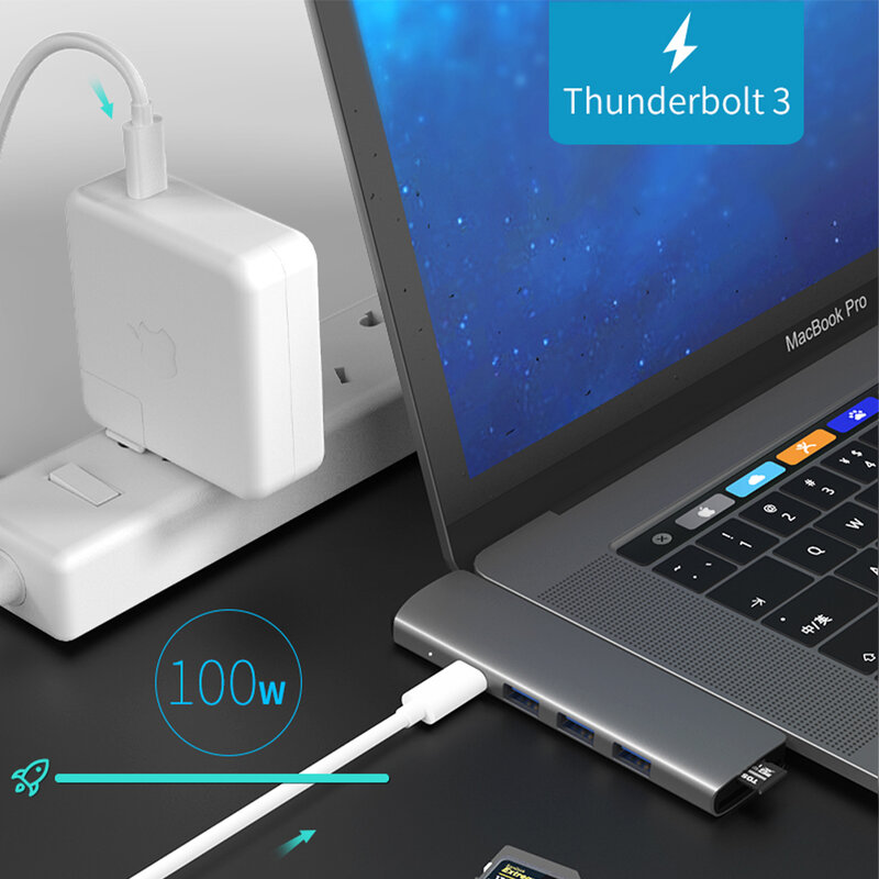 Adaptateur USB 3.1 type-c vers HDMI 4K, Thunderbolt 3, avec hub 3.0 TF SD lecteur fente PD pour MacPlePro/Air 2018 - 2020