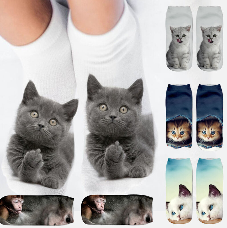 Calcetines tobilleros de algodón con estampado 3D de gato de dibujos animados para mujer y niña, calcetín deportivo de corte bajo, calcetines casuales de diseñador lindo