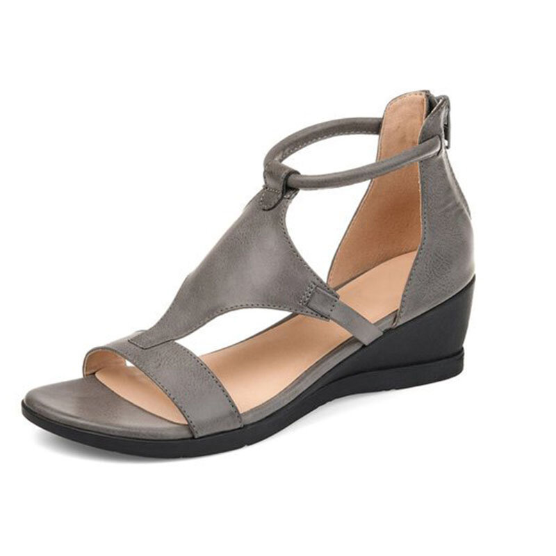 Nowe damskie kliny sandały średnie obcasy letnie buty kobieta Vintage PU Leather Zip gladiator Ladies Square z wystającym palcem Fashion Casual