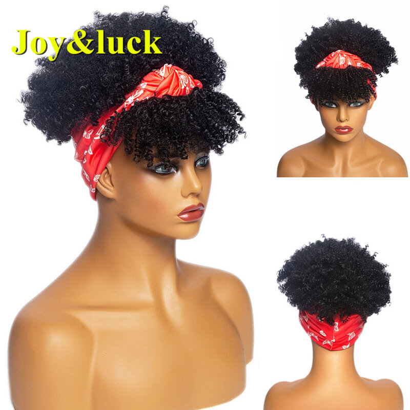 Peruca sintética afro com bandana para mulheres negras, faixa de cabelo fofa, cabelo curto encaracolado, envoltório de turbante africano