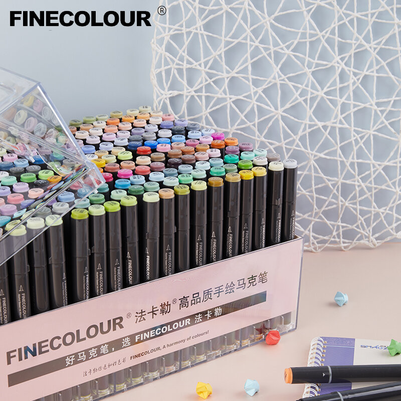 Finecolour marcadores artísticos/plásticos portáteis, caixa rígida ef100/101/102/103/160/240/480 cores, marcador de tinta a base de álcool, escova de cabeça dupla