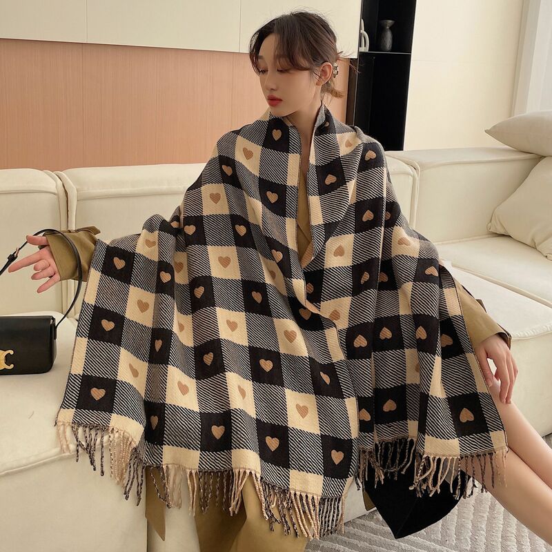 Winter Plaid Double-sided Cashmere Scarf Shawl Women Fashion Love Heart Print Warm Thick Tassel Blanket Pashmina Scarves Ladies