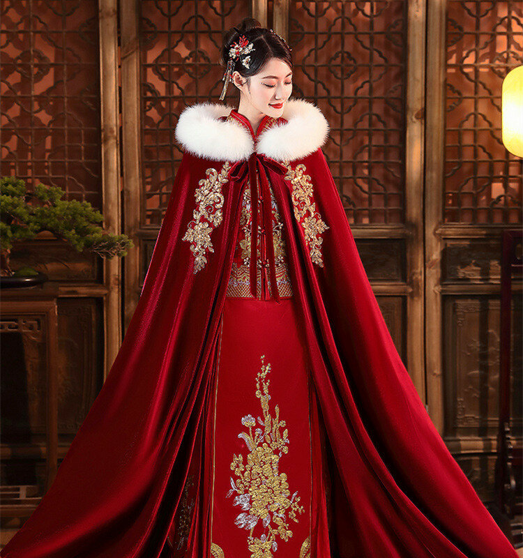 จีนแบบดั้งเดิมไวน์แดงเสื้อคลุมผ้าคลุมไหล่-Warm หนาขนสัตว์สำหรับงานแต่งงาน-ขนาดเฉลี่ย