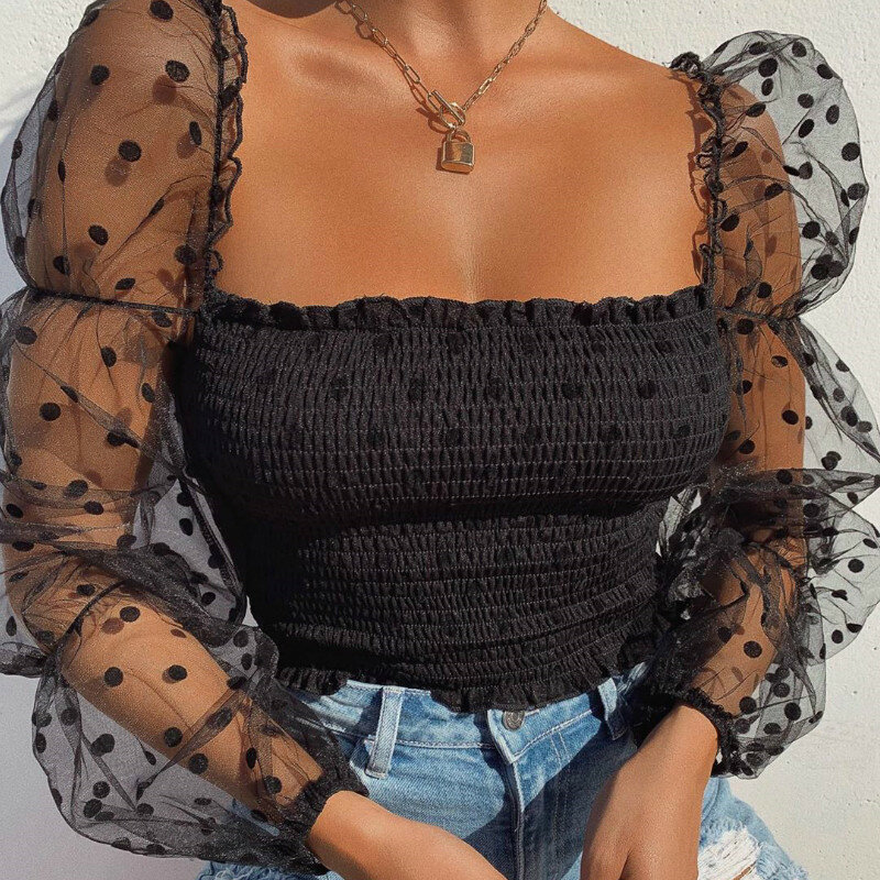 Сексуальная Женская сетчатая прозрачная блузка Musuos с квадратным воротником, Прозрачные топы, топы с буфами и длинным рукавом, тонкий укороченный топ в горошек с рюшами, пуловер