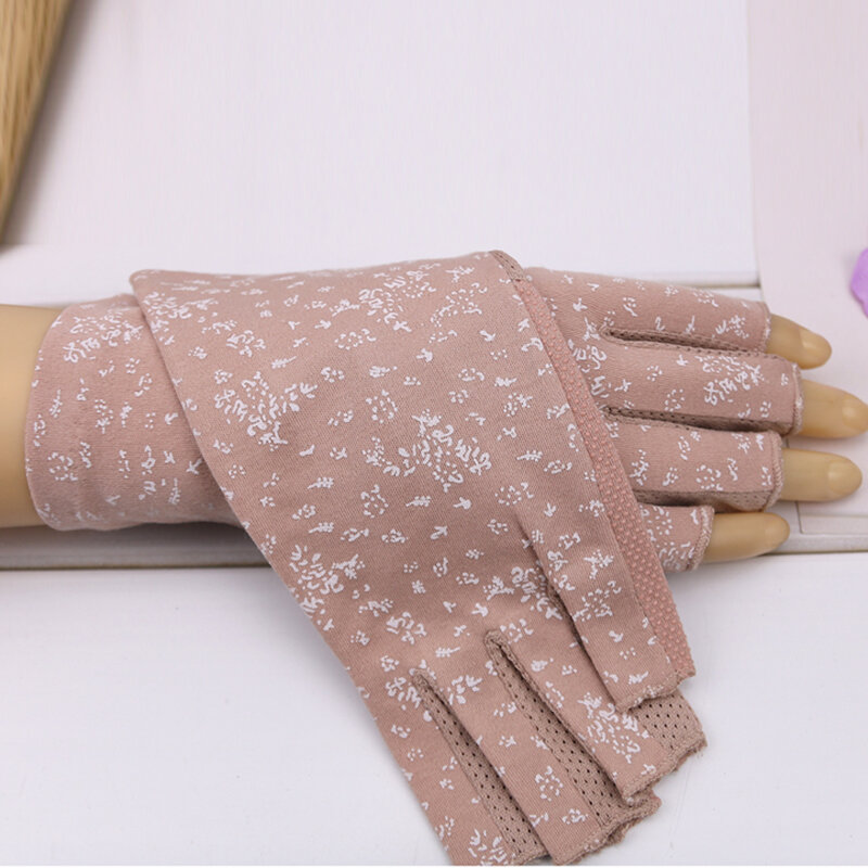New Fashion Women's Cotton Dot Summer Fingerless Half Finger Anti-Skid Sun Protection Printing anti-UV Thin Short Driving Gloves