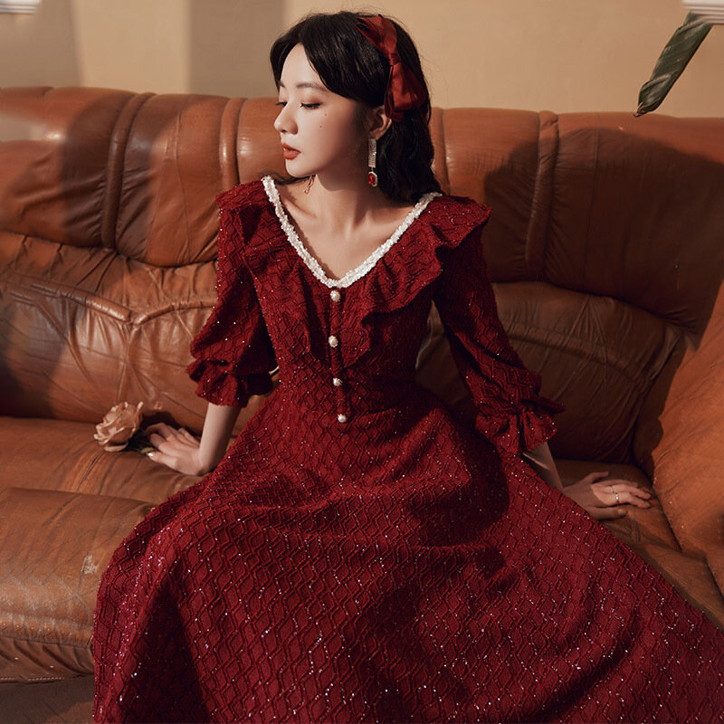 Vintage chiński sukienek suknie na bal maturalny panna młoda odzież bankietowa elegancka, długa rękaw-line suknia wieczorowa Vestidos De Festa