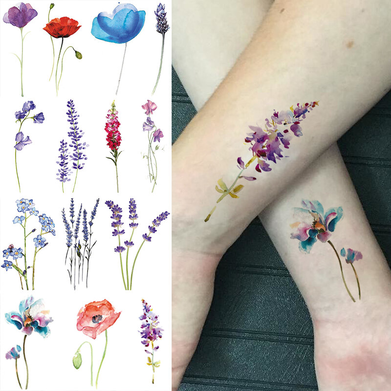 3D Aquarell Lavendel Blume Temporäre Tattoos Für Frauen Körper Kunst Arm Gefälschte Flora Erwachsene Tattoo Aufkleber Wasserdicht Mädchen Tatoos
