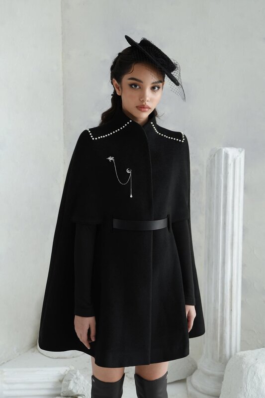 Inverno cashmere lã preto e marinho com pérola no ombro fino olhando fantasia cape único outwear inverno