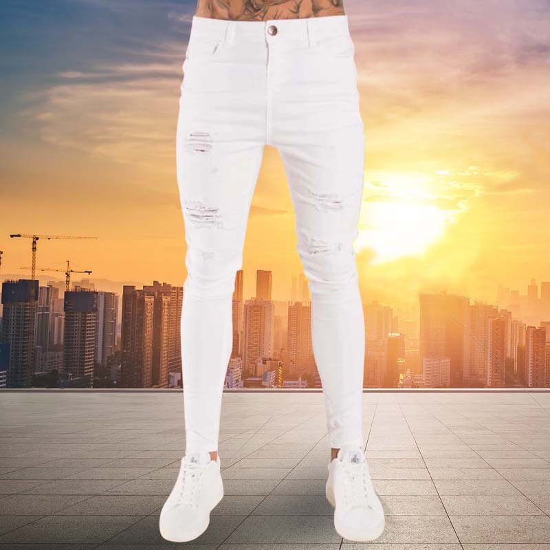 2023 New Mens Jeans Hip Hop White Moto Skinny Ripped Pure Color Elastic Denim Pants Male Casual Waistline Jogging Pencil Pants