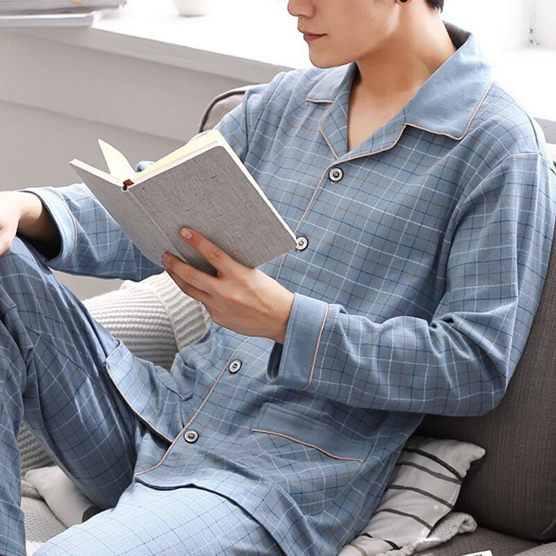 Conjuntos de pijama de algodão manga comprida masculino, pijamas simples, calça superior, outwear de lazer, loungewear macio, plus size, outono inverno