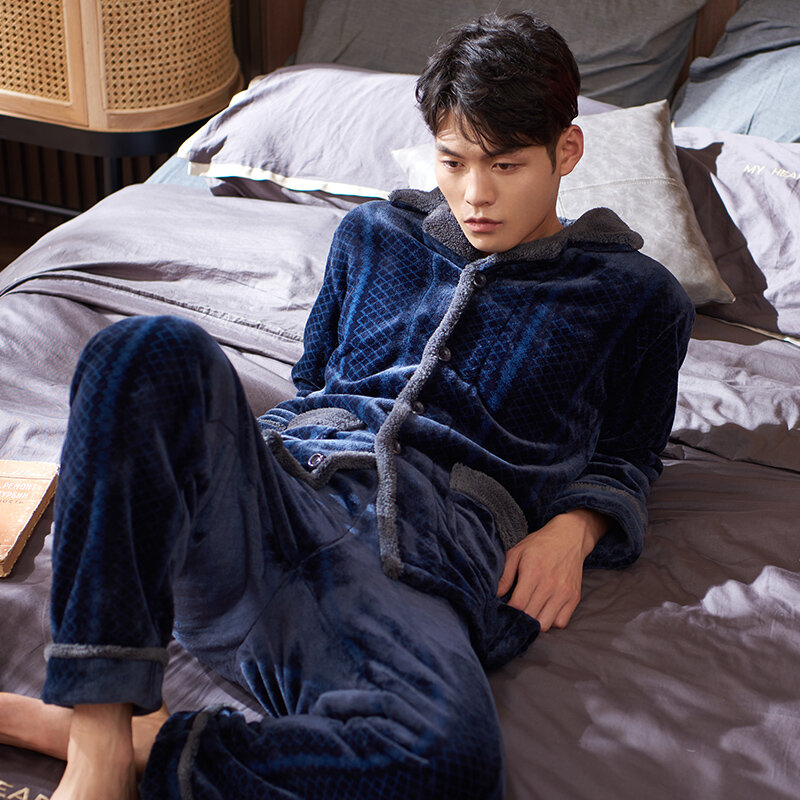 Men Pajama Set Splicing Pajamas Flannel Cardigan Homewear Autumn Winter Keep Warm Fleece Pijamas Hombre Casual Sleepwear Suit