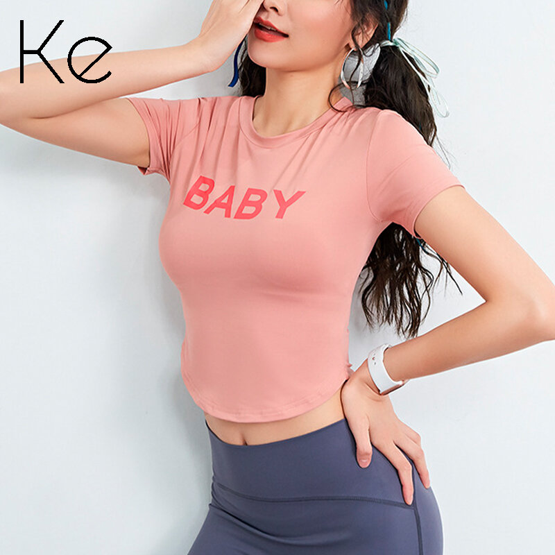 Быстросохнущая футболка KE, облегающая тонкая спортивная рубашка, тонкая эластичная одежда для йоги телесного цвета с круглым вырезом и короткими рукавами