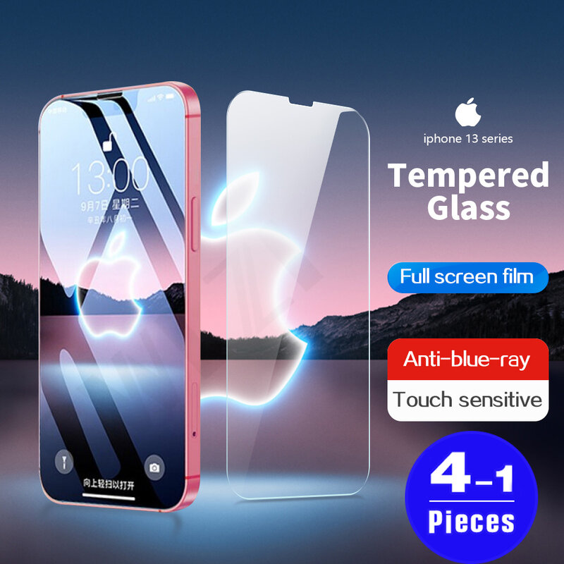 1-4 buah 9H kaca Tempered, pelindung layar ponsel pintar untuk iphone 13 12 11 Pro X XS Max Mini XR