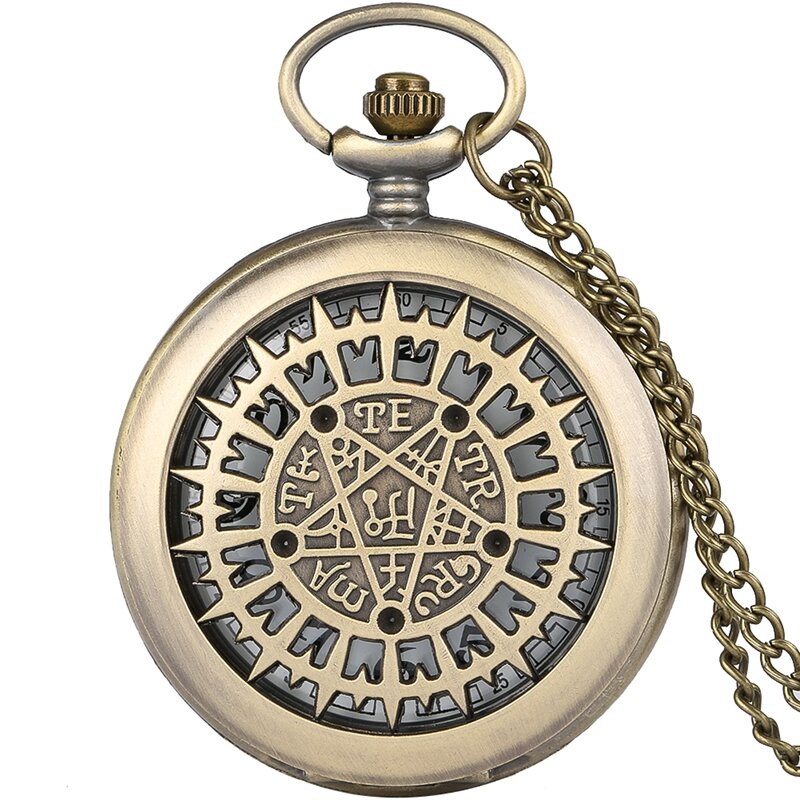 청동 할로우 오각형 초자연 석영 포켓 시계, 남성 여성 목걸이 펜던트 체인 생일 선물 시계