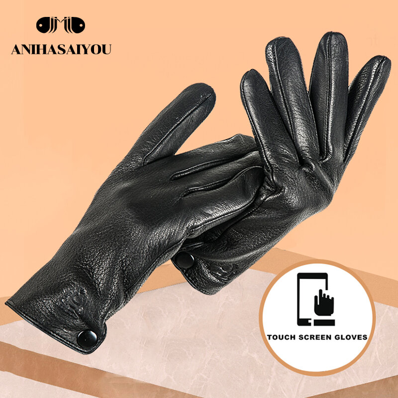 Buckskin men's winter gloves,Simple gloves male,Durable mens leather gloves, winter Genuine leather gloves men -8011N