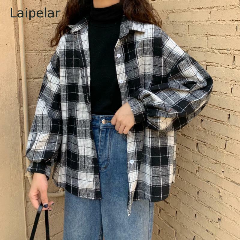2020 Women's Fashion Retro Style Plaid Long-Sleeved Shirt All-Match Casual Cardigan Blouse Top