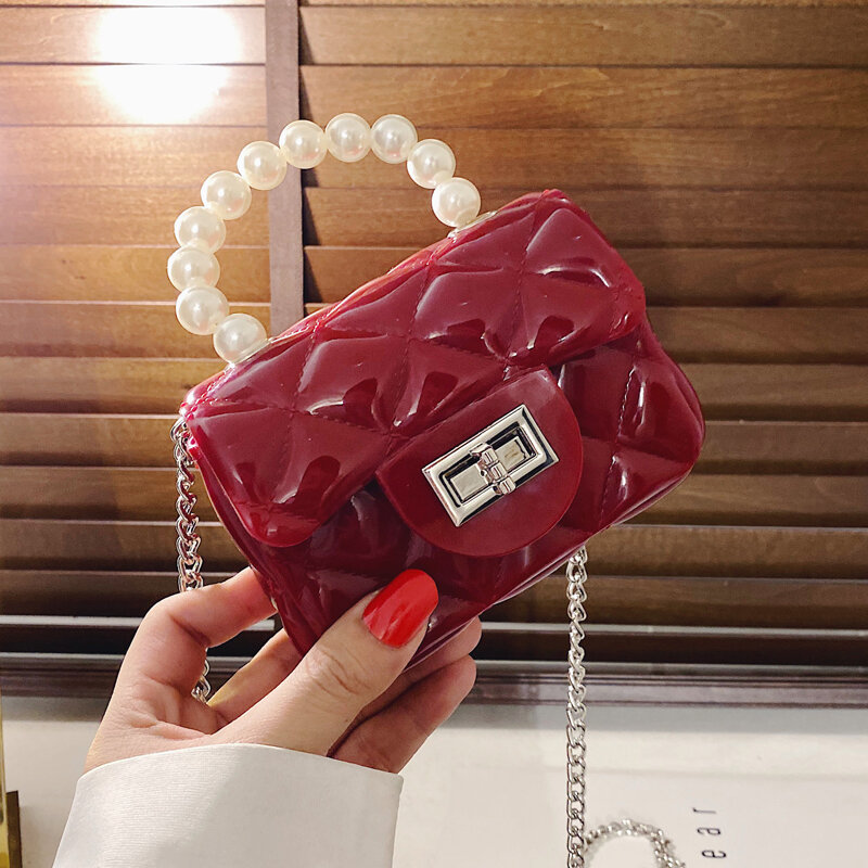 2020 Fashion Pearl Chain Lipstick Tote Handbag Geometric Plaid Crossbody Mini PVC Jelly Feminine Handmade Flap Shoulder Bags