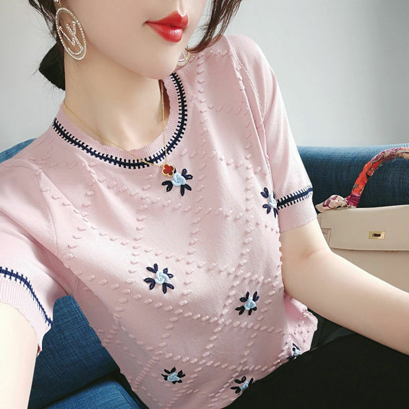 Шелковая трикотажная женская рубашка с вышивкой, с коротким рукавом, Новинка лета 2021, свободная обтягивающая рубашка большого размера, Студенческая Корейская куртка