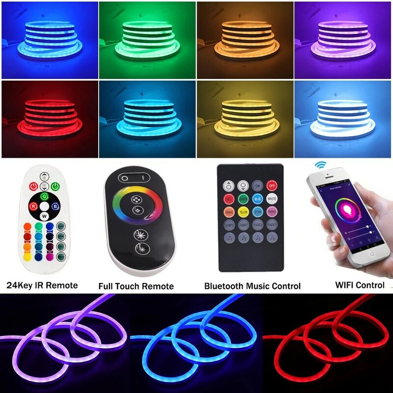Impermeável Flex Neon LED Strip Light, fita de parede, toque, controle duplo, RGB Corda, Sinal Tubo, Corda, UE, 220V