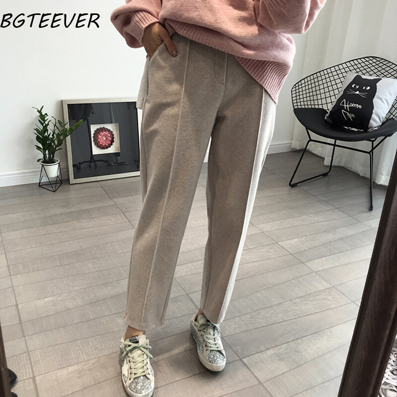 BGTEEVER-pantalones pitillo gruesos de lana para mujer, Capris sueltos de cintura alta, tela suave y buena, Otoño e Invierno