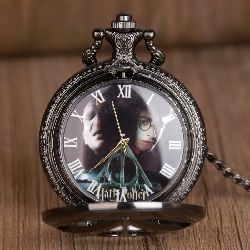 Relojes de cuarzo para hombre, reloj de bolsillo con Collar, diseño negro Vintage, cadena Fob, regalo, novedad