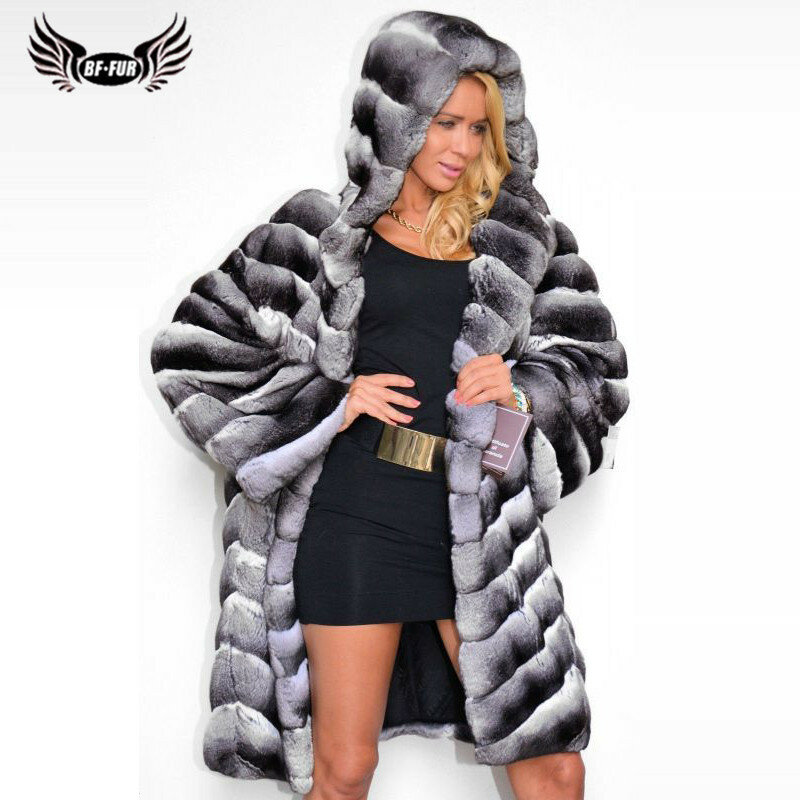 BFFUR Jaket Bulu Kelinci Rex Warna Chinchilla Asli dengan Tudung Mantel Wanita Musim Dingin Mantel Bulu Kelinci Kulit Utuh Hangat Asli 2022