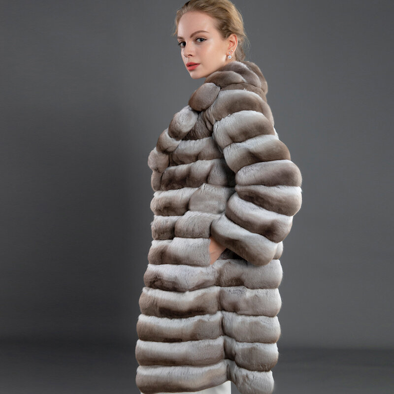 Mantel Bulu Penerang Jaket Bulu Kelinci Rex Alami Wanita Pakaian Luar Musim Dingin Mantel Kerah Setelan Mode Panjang 85 Cm