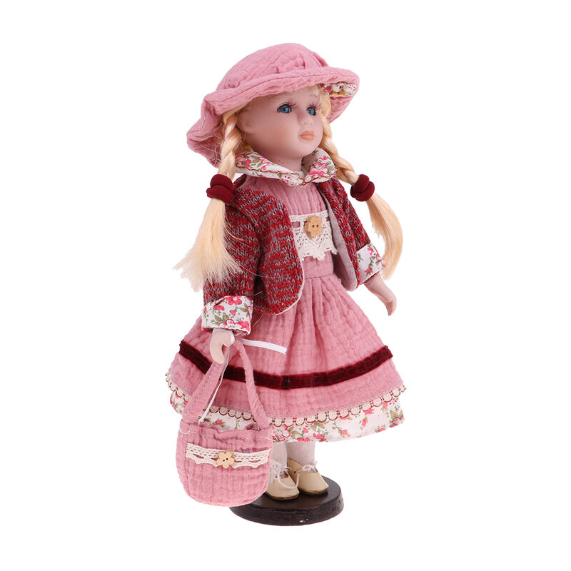 30cm Porcelain Doll Vintage Girl People Figure with Pink Dress Handbag Suit Collectible