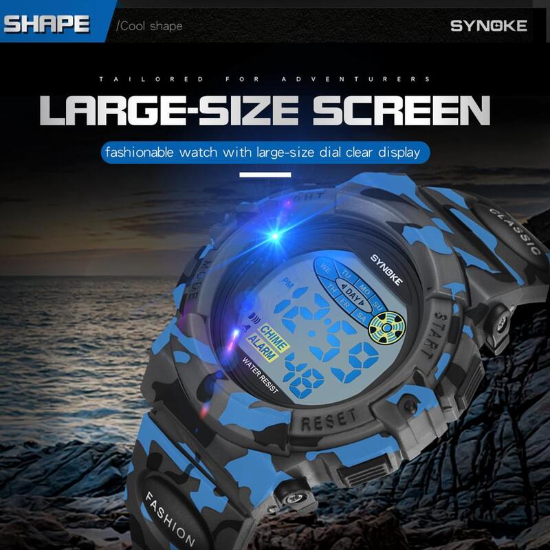 Synoke-子供用ミリタリースポーツ腕時計,カラフルなLEDライト,耐水性