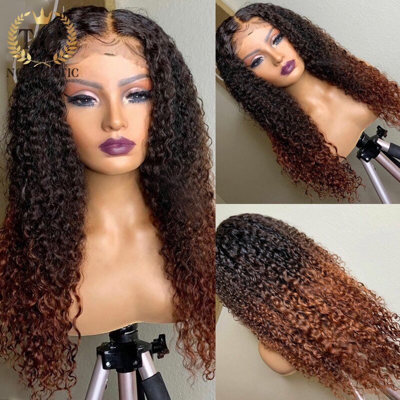 Topnormantic-Peluca de cabello humano Remy para mujer, Pelo Rizado profundo con cierre frontal de encaje 13x4, Color marrón degradado, predesplumada