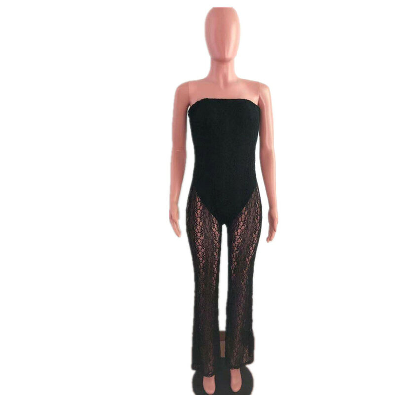 BKLD Sexy Outfits For Woman Party Nightclub Lace See-Through Strapless Bodycon Jumpsuit Summer Clothes Solid Color Black