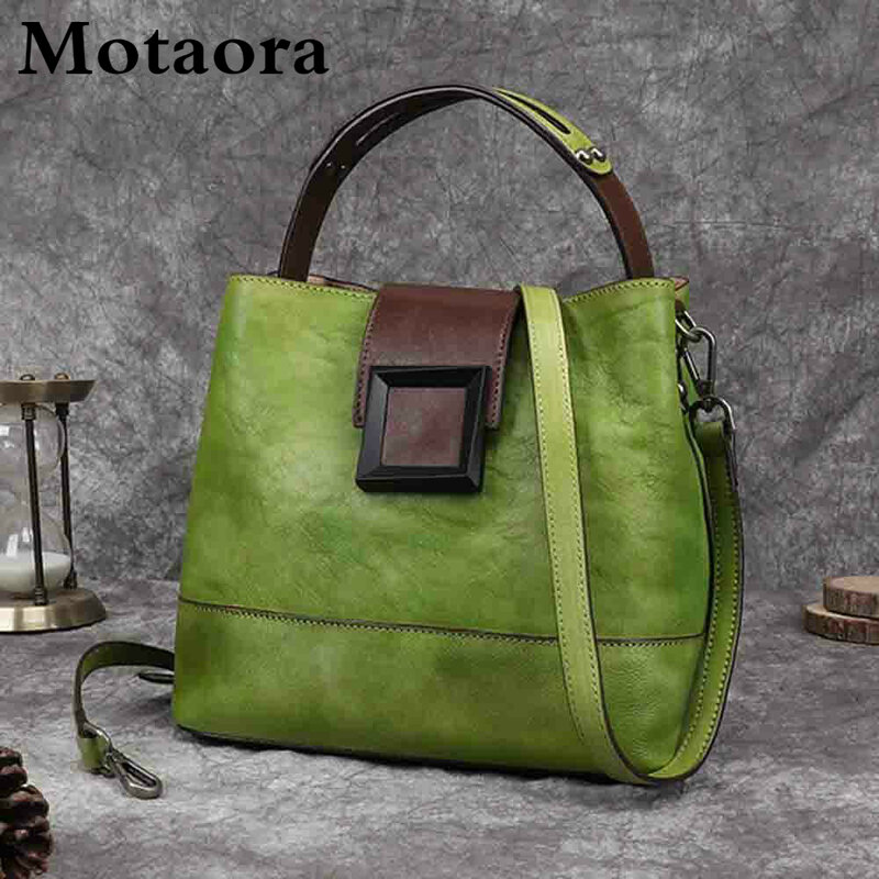 Motaora-حقيبة كتف ريترو من الجلد الطبيعي للنساء ، حقيبة يد ، دلو ، جلد البقر ، بمقبض علوي