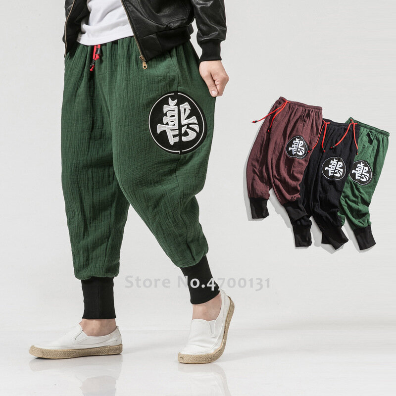 Calças casuais estilo chinês harajuku para homens, calças estilo harajuku bordado de algodão e linho para esportes ao ar livre, calças harém