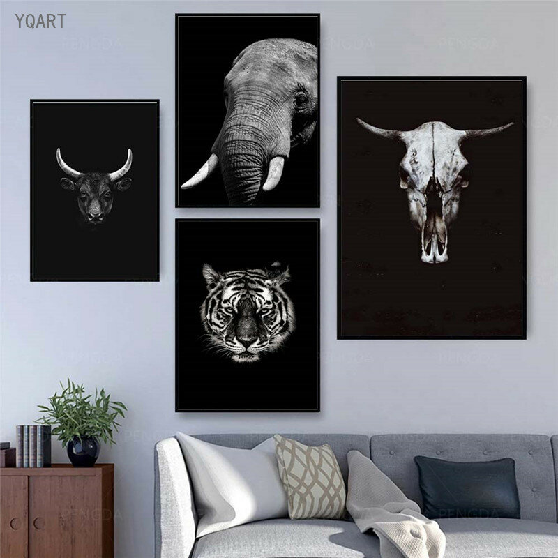Nordic Black White Animals Canvas Paintings Elephant  Zebra Cow Wall Art Pictures Poster and Print for Living Room Bedroom Decor