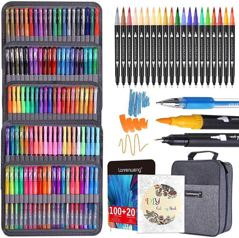 Novos presentes de natal gel canetas conjunto 12/24 100 colorido gel caneta ponta glitter gel canetas com saco lona crianças adultos livros para colorir